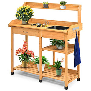 Safstar Outdoor Potting Bench, Wooden Workstation Table w/Removable Sink, Tools Drawer, 3 Tier Open Shelf & 3 Side Hooks, Potting Table Gardening Table for Backyard Garden Supplies