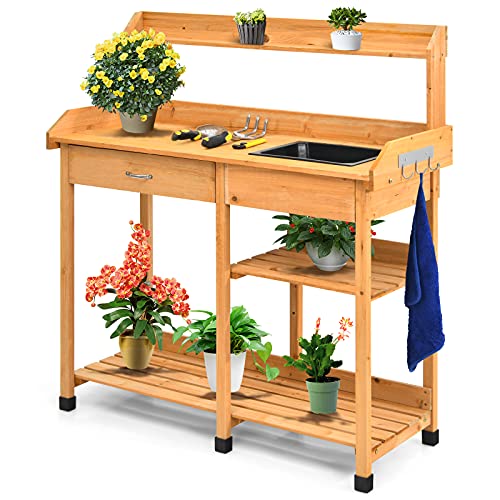 Safstar Outdoor Potting Bench, Wooden Workstation Table w/Removable Sink, Tools Drawer, 3 Tier Open Shelf & 3 Side Hooks, Potting Table Gardening Table for Backyard Garden Supplies