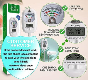 HSLGOVE Soil Moisture Meter, 7-in-1 Soil pH Meter, Soil Tester of Moisture/Light/Fertility/PH/Soil Temp/Room Thermometer Hygrometer for Garden, Lawn, Farm Outdoor&Indoor Use Soil Test Kit-Light White