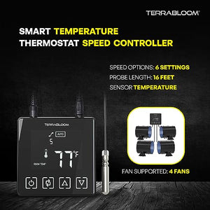 TerraBloom 8 Inch Inline Fan EC - Quiet HVAC Grow Tent Fan with 0-100% Temperature Thermostat Speed Controller - Premium Metal Casing 40-75% Energy Efficient EC Motor - For Large Spaces