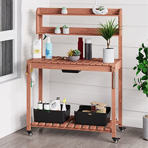 Domenow Mobile Potting Bench -Natural Wood Large Garden Outdoor Work Bench w/Sliding Tabletop, 4 Locking Wheels, Food Grade Dry Sink, Storage Shelves - Brown Stain Finish