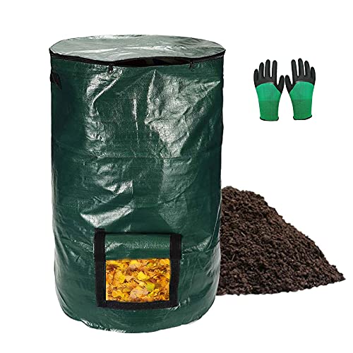 DQRICH Composting Bag，Reusable Leaf Lawn Bags，Collapsible Yard Waste Bags Compost Bins with Lid for Kitchen, 15 Gallon/34 Gallon Multifunction Gardening Container，Come with Gloves, Green