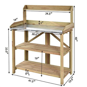 Giantex Garden Potting Bench, Galvanized Steel Top, 6 Hooks, 2 Tier Storage Shelves, Wood Workstation for Indoor Outdoor Gardening Planting Garage Tools, Potted Plant, Worktable 41.5"x19.5"x48"