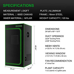 MELONFARM 2x2 Grow Tent, 24"x24"x48'' High Reflective 600D Diamond Mylar Canvas with Observation Window and Floor Tray for Hydroponic Indoor Plant Growing