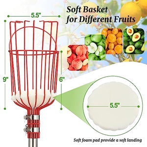 Fruit Picker Pole with Basket Long Handle, 8FT Adjustable Fruit Catcher Tool for Apple Mango Pear Orange Avocado Lemon Citrus Tree Picker