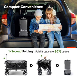 Hikenture Collapsible Wagon Cart with Cargo Net, 220lbs Capacity Beach Wagon with Big Wheels for Sand, Heavy Duty Foldable Wagon with Brakes, Portable Utility Folding Garden Cart for Outdoor
