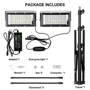 LBW Grow Light for Indoor Plants, Dual Heads Full Spectrum 200W LED, Auto On/Off Timer, 6 Dimmable Levels, 3 Switch Modes, Adjustable Tripod Stand 15-63 inches