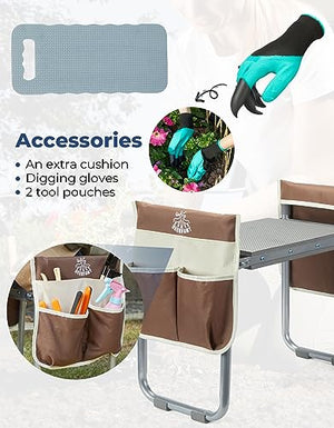 DEERFAMY Garden Stool 10.2" Width, Garden Kneeler and Seat Load Cap 350 lbs, Heavy Duty Gardening Stool with Extra Kneeling Pad, 2 Tool Pouches, Claw Gloves, Gift for Women Seniors, Brown
