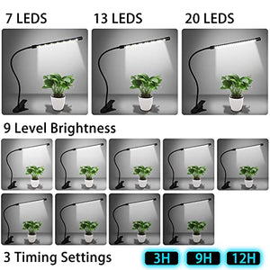 Grow Lights for Indoor Plants Growing, 6500K White LED Grow Lamp, 9 Dimmable Settings for Indoor Plants with White Spectrum, Adjustable Gooseneck, 3/9/12H Timer (Silver)