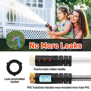 Besiter Garden Hose 100FT Stainless Steel Water Hose with 10 Functions Adjustable Spray Nozzle, Heavy-Duty Metal Garden Hose Flexible Durable No-Tangle & Kink Leak Dog Proof Hose for Yard Lawn(Orange)