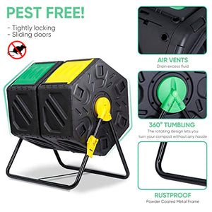 BBBuy Compost Bin Tumbling Composter Rotating w/ 2 Sliding Doors Compost Bin, Dual Chamber All Season Heavy Duty Outdoor Gardening Composting Tumblers Garden Yard (37 Gallon, Black)