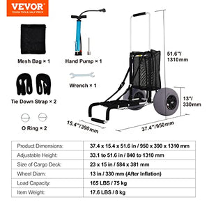 VEVOR Beach Carts for Sand, 23" x 15" Cargo Deck, w/ 12" TPU Balloon Wheels, 165LBS Loading Folding Sand Cart & 33.1" to 51.6" Adjustable Height, Aviation Aluminum Cart for Picnic, Fishing, Beach