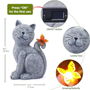 Solar Cat Outdoor Statues for Garden: Outside Decor with Butterfly Clearance for Yard Art Lawn Ornaments Porch Patio Balcony Home House - Birthday Gifts for Grandma Mom Women