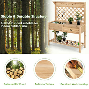 Giantex Garden Potting Bench Table, Wood Outdoor Work Station with Trellis and Shelves for Gardening Tools, Drawer, Hidden Storage Cabinet with Sliding Lid, Workstation Table, 47"x 16.5" x 60"