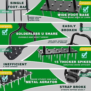 vanpein Lawn Aerator Spike Manual Tool with 15 Iron Spikes, Garden Grass Aeration Tools Hand Air Aerator & Clean Tool for Aerating Lawns & Yard Care, Loosening Soil, 36 Inch Black-Spike