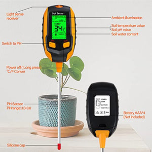 4-in-1 Soil Moisture Meter ,Digital Plant Temperature/Soil Moisture/PH Meter/Sunlight Intensity/Environment Humidity Backlight LCD display Soil Test Meter for Gardening, Farming,and Outdoor Plants