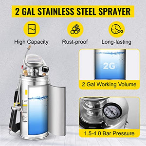 Happybuy 2 Gallon Stainless Steel Sprayer, 20" Wand & 3FT Reinforced Hose, Hand Pump Sprayer with Pressure Gauge, Safety Valve & Adjustable Nozzle, Garden Weed Sprayer for Lawn, Gardening &Sanitizing1
