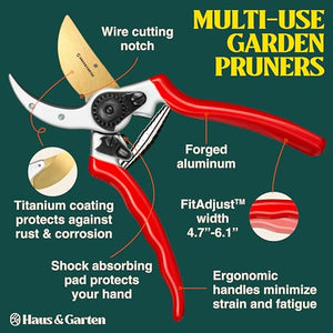 Haus & Garten ClassicPRO 8.5" Bypass Pruning Shears - Premium Garden Shears - Use As Gardening Shears, Garden Clippers, Handheld Heavy-Duty Professional Pruning Shears For Gardening & Pruning Scissors