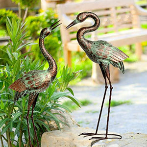 Shorayn Garden Crane Statues, Blue Heron Sculptures for Outdoor, Cranes Decor Metal Bird, Patina Garden Art Lawn Ornaments for Yard Patio Porch Outside Decorations