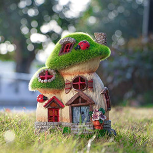 TERESA'S COLLECTIONS Mushroom Garden Statues with Solar Light, Cute Flocked Fairy House Accessories Resin Cottage Figurines Lawn Ornaments Outdoor Gifts for Flower Garden Patio Yard Decor, 7.7“