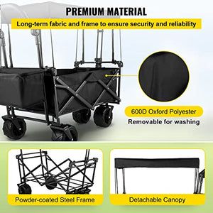 Happbuy Extra Large Collapsible Garden Cart with Removable Canopy, Folding Wagon Utility Carts with Wheels and Rear Storage, Wagon Cart for Garden, Camping, Grocery Cart, Shopping Cart, Black