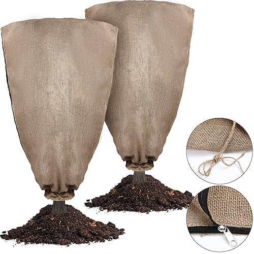 Berlune 2 Pcs 47 x 72'' Oversized Reusable Warm Burlap Winter Plant Cover Bags with Drawstring Large Burlap Plant Frost Cloth Cold Freeze Blanket Protecting Fruit Tree Potted Plants