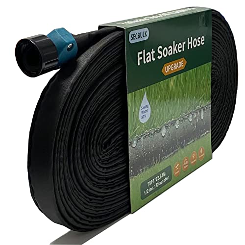 Secbulk Flat Soaker Hose for Garden Beds 10 25 50 75 ft, 75" Linkable Drip Irrigation Hose Save 80% Water, Leakproof Watering Hose with Holes