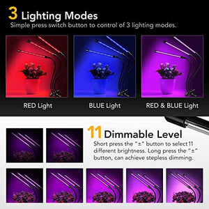 iPower 15W LED Grow Light for Indoor Plant with Triple Head 360° Adjustable Gooseneck, Auto Cycle Time Function (3/9/12H), 11 Dimmable Levels, 3 Lighting Mode