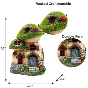 TERESA'S COLLECTIONS Mushroom Garden Statues with Solar Light, Cute Flocked Fairy House Accessories Resin Cottage Figurines Lawn Ornaments Outdoor Gifts for Flower Garden Patio Yard Decor, 7.7“