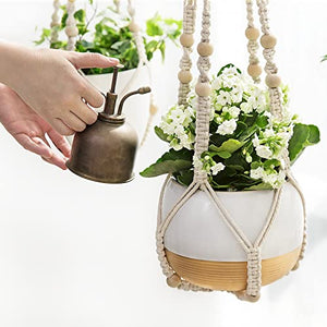 Mkono Macrame Plant Hanger Indoor Hanging Planter Basket with Wood Beads Decorative Flower Pot Holder No Tassels for Indoor Outdoor Boho Home Decor 35 Inch, Ivory (POTS NOT Included)