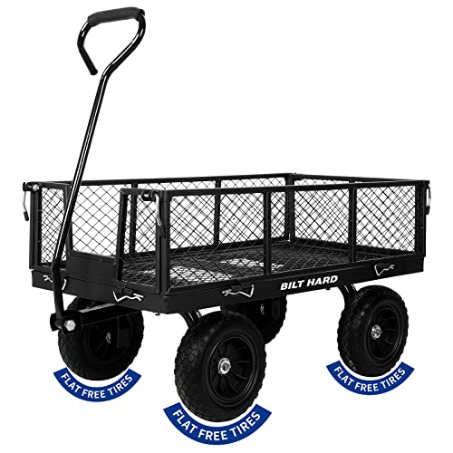 BILT HARD 880 lbs 10" Flat Free Tires Steel Garden Cart with 180° Rotating Handle and Removable Sides, Heavy Duty 4 Cu.Ft Capacity Utility Garden Carts and Wagons, Black