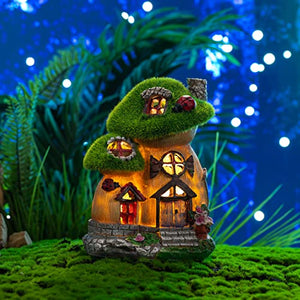 TERESA'S COLLECTIONS Mushroom Garden Statues with Solar Light, Cute Flocked Fairy House Accessories Resin Cottage Figurines Lawn Ornaments Outdoor Gifts for Flower Garden Patio Yard Decor, 7.7“