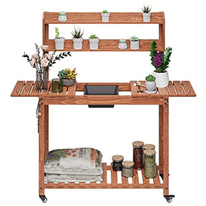 Domenow Mobile Potting Bench -Natural Wood Large Garden Outdoor Work Bench w/Sliding Tabletop, 4 Locking Wheels, Food Grade Dry Sink, Storage Shelves - Brown Stain Finish