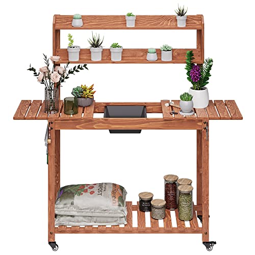 Domenow Mobile Potting Bench -Natural Wood Large Garden Outdoor Work Bench w/Sliding Tabletop, 4 Locking Wheels, Food Grade Dry Sink, Storage Shelves - Brown Stain Finish