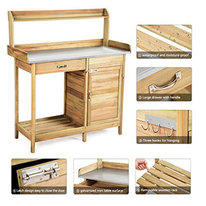 Giantex Potting Bench Table for Outside Natural Wood Garden Plant Lawn Patio Table Storage Shelf Metal Tabletop Outdoor Workstation Flower Pot Bench (Natural Fir w/Cabinet)