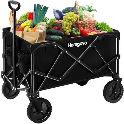 Homgava Collapsible Folding Wagon Cart,Outdoor Beach Wagon,Heavy Duty Garden Cart with All Terrain Wheels,Portable Large Capacity Utility Wagon for Camping Fishing Sports Shopping, Black
