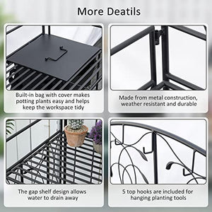 Outsunny Folding Potting Bench Table, Metal Garden Workstation, Work Bench with Large Built-in Bag with Cover, 5 Hanging Hooks & Storage Shelf, Leaf Pattern