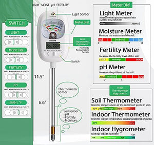 HSLGOVE Soil Moisture Meter, 7-in-1 Soil pH Meter, Soil Tester of Moisture/Light/Fertility/PH/Soil Temp/Room Thermometer Hygrometer for Garden, Lawn, Farm Outdoor&Indoor Use Soil Test Kit-Light White