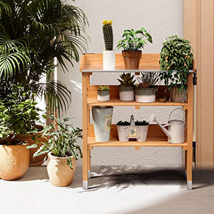 Giantex Garden Potting Bench, Outdoor Wood Workstation Table with Galvanized Steel Tabletop, 5 Hooks, 2-Tier Storage Shelves, Outside Work Station Potting Table with Raised Edge, Easy Assembly