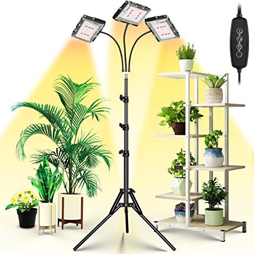 LBW Grow Light with Stand, Tri-Head LED Plant Light for Indoor Plants, Full Spectrum 150 LEDs, 3/6/12H Timer, 6 Dimmable Levels, 3 Switch Modes, Adjustable Tripod Stand 15-63 inches