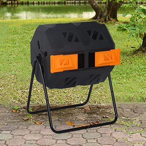 Outdoor Compost Tumbling Bin 43 Gallon Large Dual Chamber Sliding Doors Composter Steel Frame Garden Tumbling Rotating Composting Bins 360° Compost Tumbler Bucket Trash Can for Patio Yard (Orange)