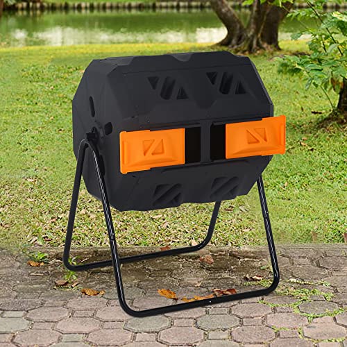 Outdoor Compost Tumbling Bin 43 Gallon Large Dual Chamber Sliding Doors Composter Steel Frame Garden Tumbling Rotating Composting Bins 360° Compost Tumbler Bucket Trash Can for Patio Yard (Orange)