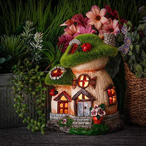 TERESA'S COLLECTIONS Mushroom Garden Statues with Solar Light, Cute Flocked Fairy House Accessories Resin Cottage Figurines Lawn Ornaments Outdoor Gifts for Flower Garden Patio Yard Decor, 7.7“