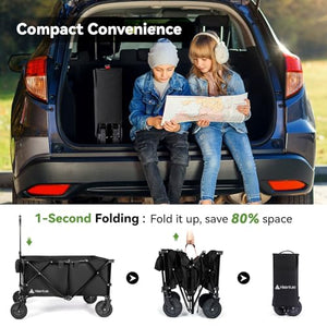Hikenture Folding Wagon Cart, Portable Large Capacity Beach Wagon, Heavy Duty Utility Collapsible Wagon with All-Terrain Wheels, Outdoor Garden Cart Foldable Wagon for Sports, Shopping, Camping(Black)