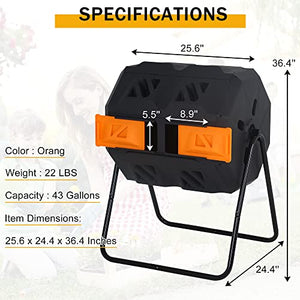 Outdoor Compost Tumbling Bin 43 Gallon Large Dual Chamber Sliding Doors Composter Steel Frame Garden Tumbling Rotating Composting Bins 360° Compost Tumbler Bucket Trash Can for Patio Yard (Orange)