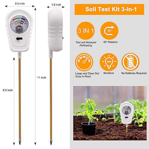 Soil Test Kit 3-in-1, Soil Moisture Meter, Fertility Soil Tester, Soil PH Meter, Soil Tester for Garden, Lawn, Farm, Indoor & Outdoor Use (No Battery Required)