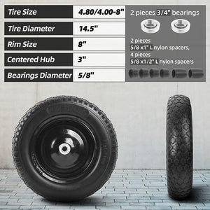 AR-PRO 4.80/4.00-8" Flat Free Tire - 14.5”D x 3.2”W Universal Solid Wheelbarrow Tire with 3” Hub and 5/8” Bearings – Extra Adapter kit includes 3/4” Ball Bearings, 1” and 1/2” Nylon Spacers