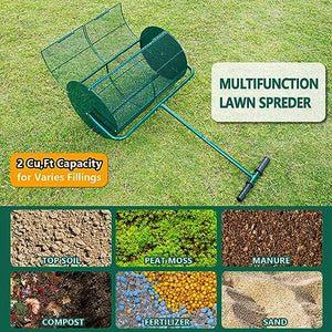 HIDALIFE Compost Spreader, 24'' Peat Moss Spreader Roller,Drop Fertilizer Grass Seed Spreader with Upgrade T Handle,Lightweight Metal Mesh Spreader Lawn & Garden Tool