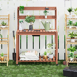 Domenow Mobile Potting Bench -Natural Wood Large Garden Outdoor Work Bench w/Sliding Tabletop, 4 Locking Wheels, Food Grade Dry Sink, Storage Shelves - Brown Stain Finish