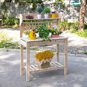 Outsunny Outdoor Potting Bench with Sliding Tabletop, Storage Shelf and Dry Sink, 2-Level Gardening Table, Wooden Workstation for Greenhouse, Garden, Patio, Natural